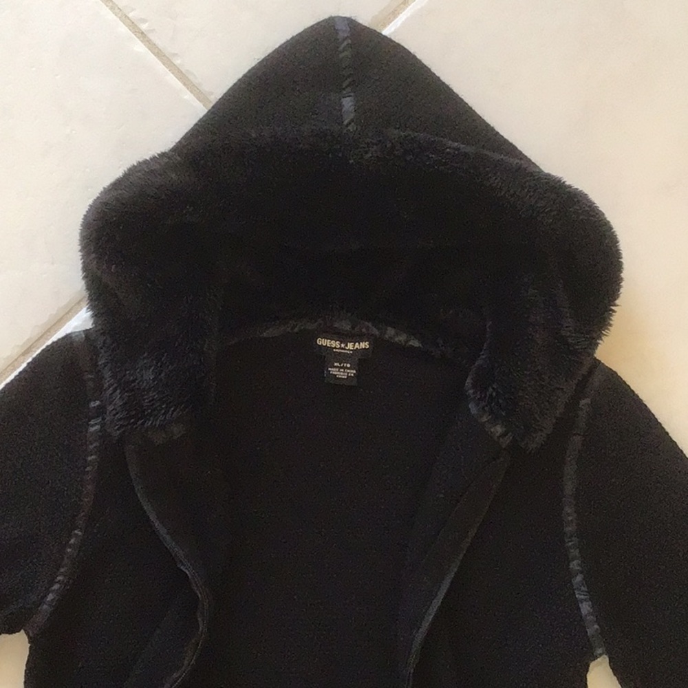 Guess Faux Fur Hooded Sweater, XL, Black